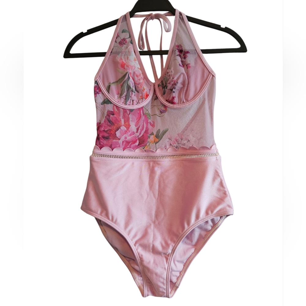 Ted Baker London Pink Floral Mesh One-Piece Mesh Swimsuit